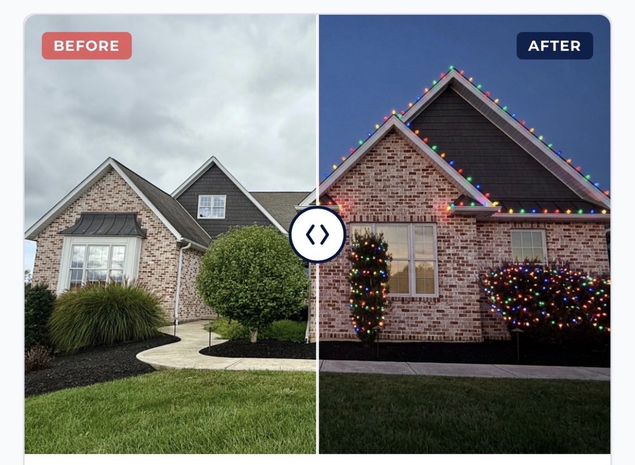 Before and after Christmas light preview on a brick home
