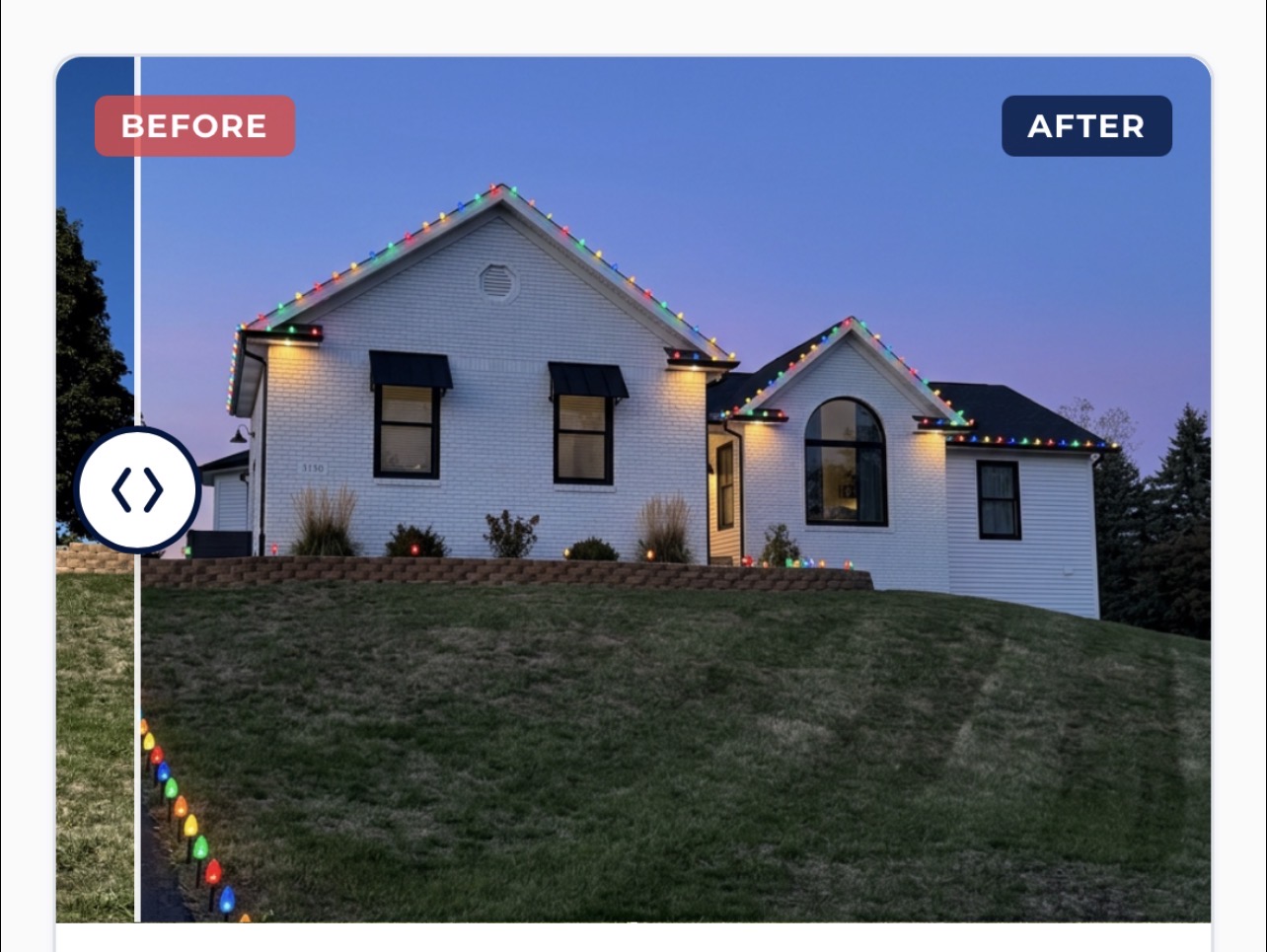 Before and after Christmas light preview on a white farmhouse