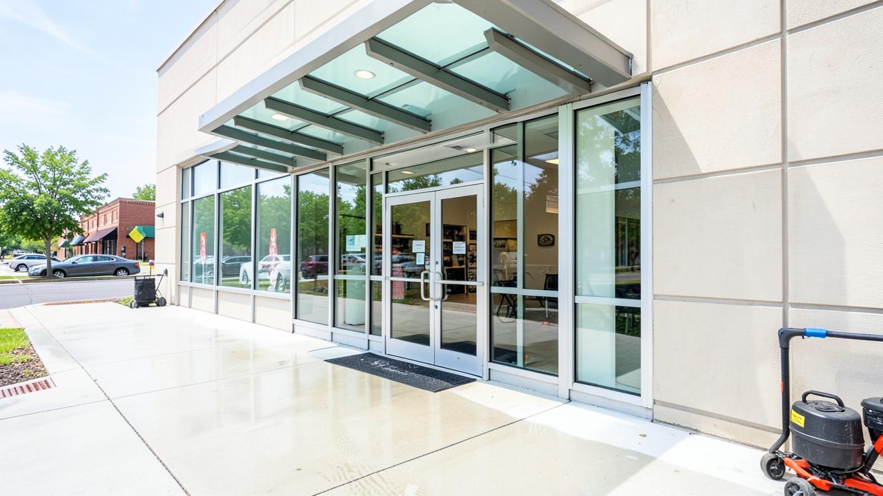 Clean commercial storefront and sidewalk after professional pressure washing