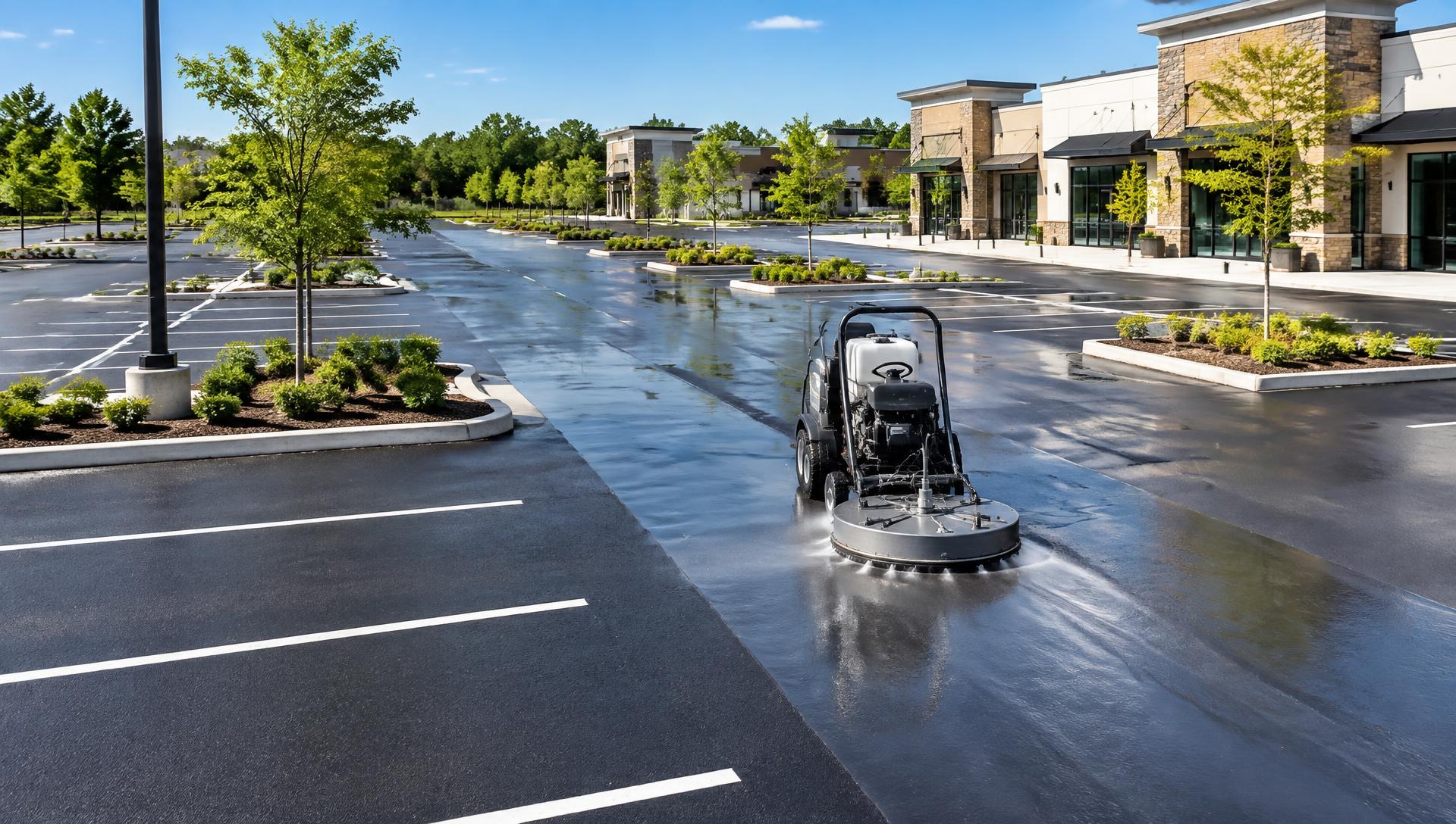 Commercial parking lot being cleaned by a professional surface cleaner